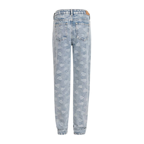 Shoeby high waist tapered fit jeans met jacquard light blue denim Blauw 134