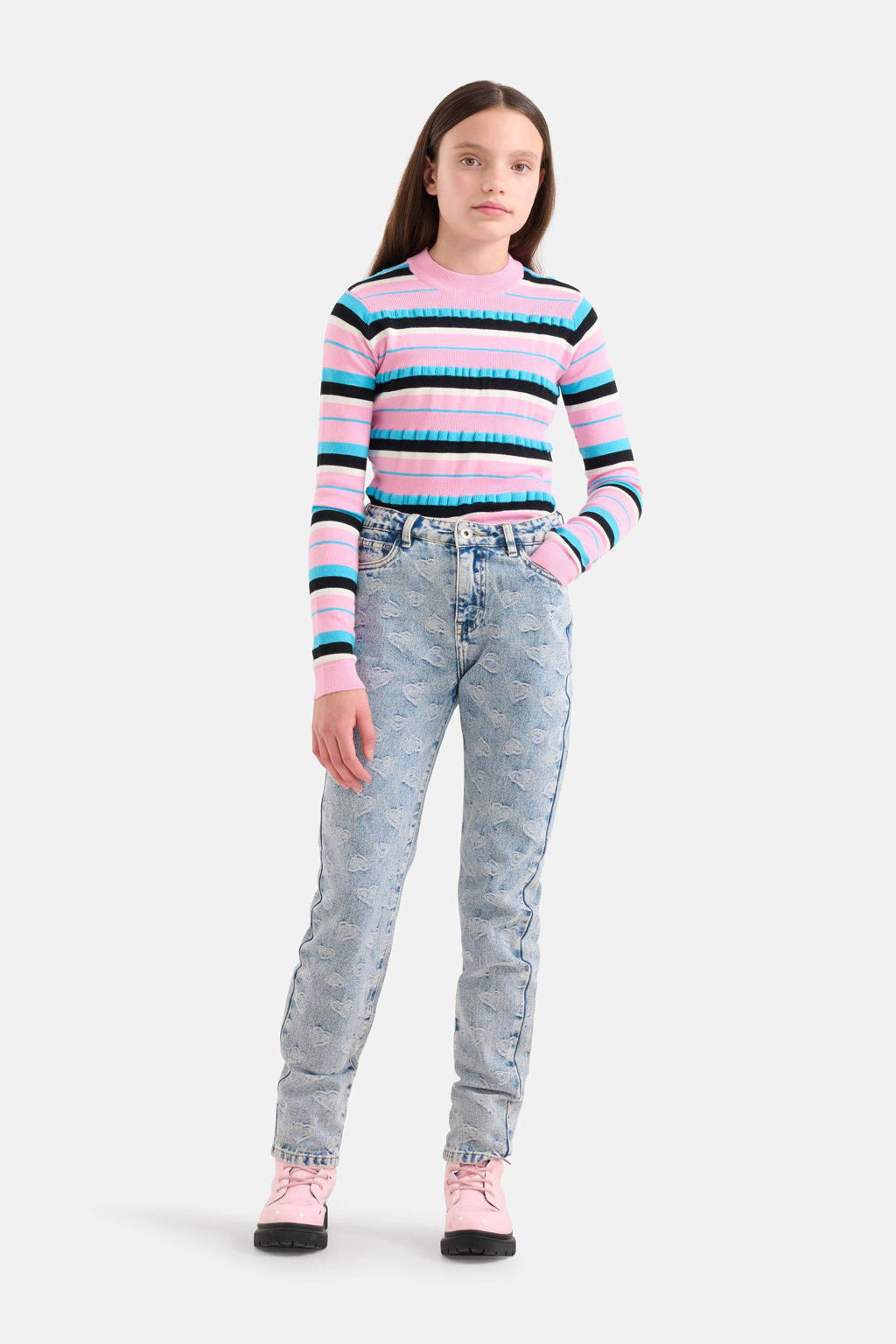 Shoeby high waist tapered fit jeans met jacquard light blue denim