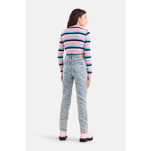 Shoeby high waist tapered fit jeans met jacquard light blue denim Blauw 128