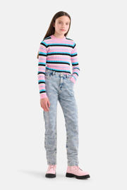 thumbnail: Light blue denim meisjes Shoeby high waist tapered fit jeans van denim met rits- en knoopsluiting en hartjesprint