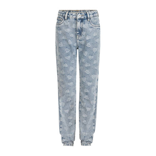 Shoeby high waist tapered fit jeans met jacquard light blue denim Blauw