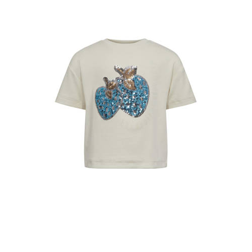 Sofie Schnoor T-shirt met printopdruk ecru/blauw Meisjes Katoen Ronde hals - 104