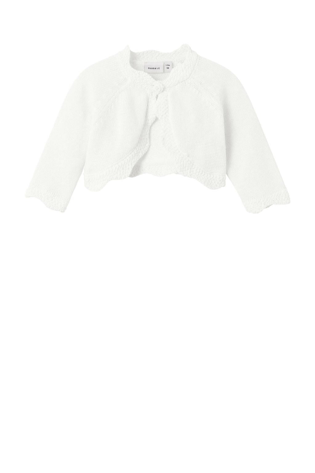 Witte meisjes NAME IT BABY baby fijngebreid bolero van katoen met effen, lange mouwen en ronde hals
