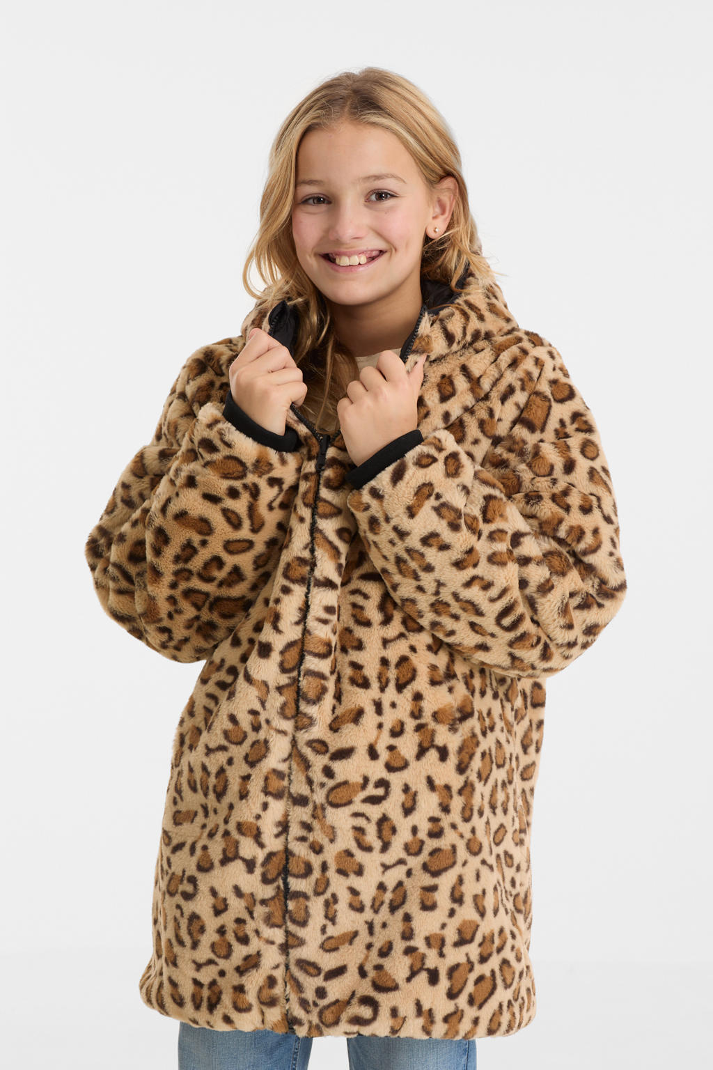 Zwart en beige meisjes anytime reversible winterjas van nylon met panterprint, lange mouwen, capuchon en ritssluiting