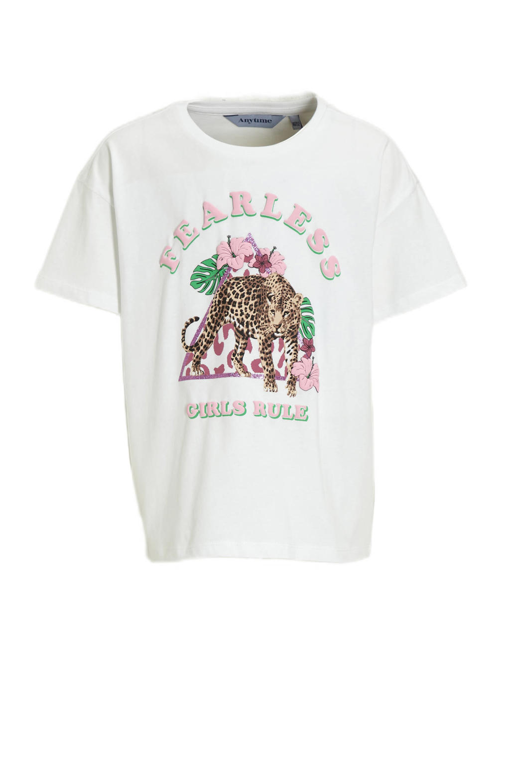 Witte meisjes anytime T-shirt van katoen met printopdruk, korte mouwen en ronde hals