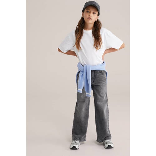 WE Fashion Blue Ridge high waist wide leg jeans grey denim Grijs Effen - maat 122 afbeelding
