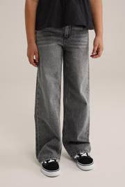 thumbnail: Grey denim meisjes WE Fashion Blue Ridge high waist wide leg jeans van denim met rits- en knoopsluiting en effen
