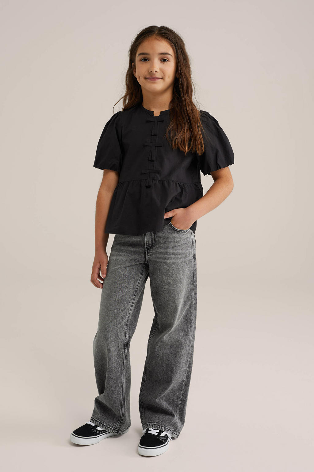 Grey denim meisjes WE Fashion high waist wide leg jeans van denim met rits- en knoopsluiting en effen