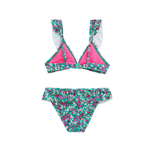 WE Fashion triangel bikini met ruches groen roze Meisjes Polyamide Bloemen 98 104