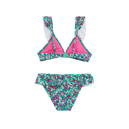 WE Fashion triangel bikini met ruches groen roze Meisjes Gerecycled polyamide 98 104