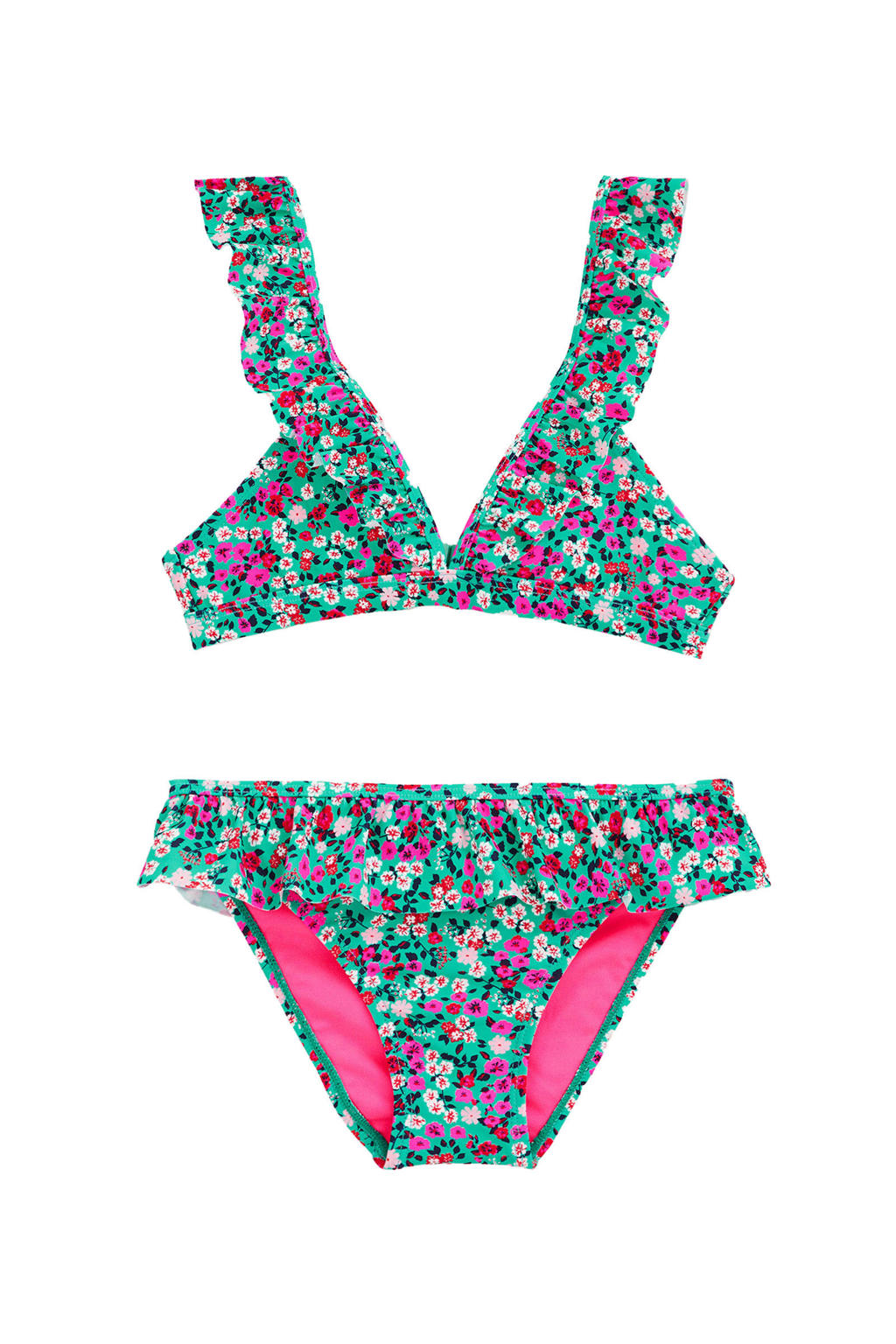 WE Fashion triangel bikini met ruches groen/roze