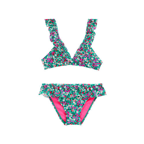 WE Fashion triangel bikini met ruches groen/roze Meisjes Polyamide Bloemen - 110/116
