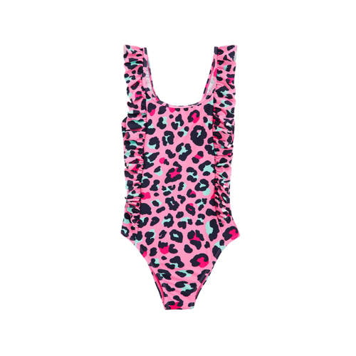WE Fashion badpak met ruches roze/zwart Meisjes Polyamide Panterprint - 110/116