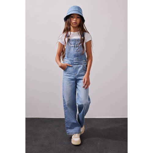 WE Fashion loose fit tuinbroek medium blue denim Blauw Effen 122