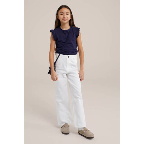 WE Fashion T-shirt donkerblauw Meisjes Katoen Ronde hals Effen 98 104