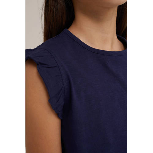 WE Fashion T-shirt donkerblauw Meisjes Katoen Ronde hals Effen 98 104