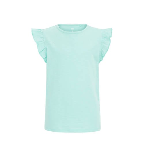 WE Fashion T-shirt aqua Blauw Meisjes Katoen Ronde hals Effen - 110/116
