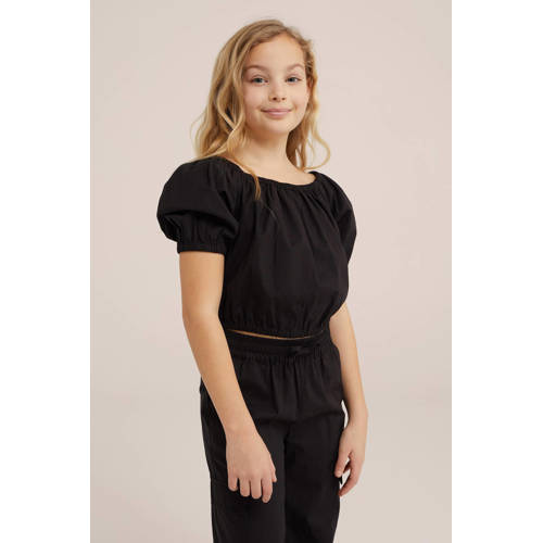 WE Fashion crop top zwart Meisjes Katoen Off shoulder Effen 98 104