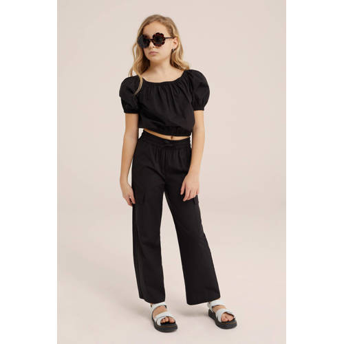 WE Fashion crop top zwart Meisjes Katoen Off shoulder Effen 98 104