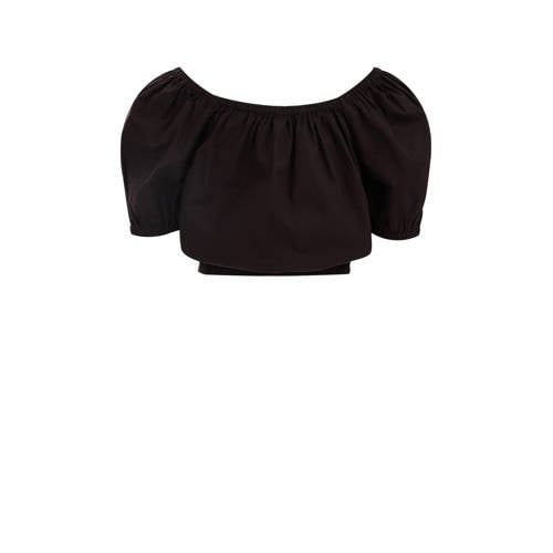WE Fashion crop top zwart Meisjes Katoen Off shoulder Effen - 110/116