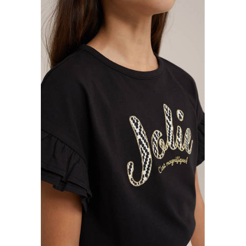 WE Fashion T-shirt met tekst en borduursels zwart Meisjes Katoen Ronde hals 170 176