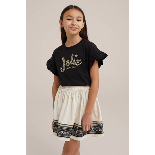 WE Fashion T-shirt met tekst en borduursels zwart Meisjes Katoen Ronde hals 92