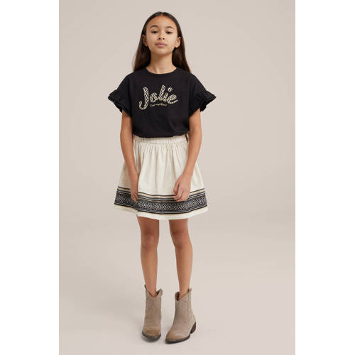 WE Fashion T-shirt met tekst en borduursels zwart Meisjes Katoen Ronde hals 92