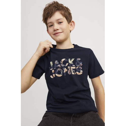 Jack & jones JUNIOR T-shirt JJEJEFF CORP met logo donkerblauw Jongens Biologisch katoen Ronde hals 128