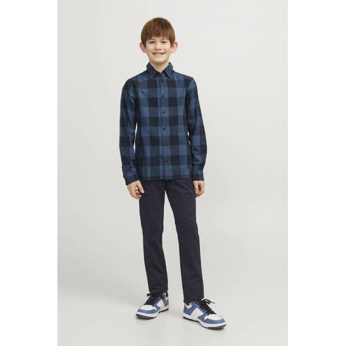 jack & jones JUNIOR geruit overhemd JJEGINGHAM donkerblauw zwart Jongens Katoen Klassieke kraag 140