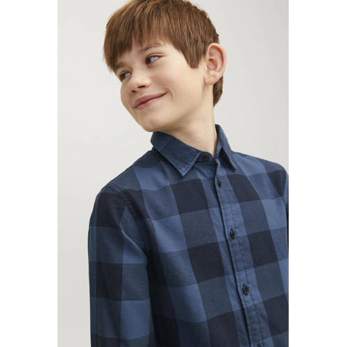 jack & jones JUNIOR geruit overhemd JJEGINGHAM donkerblauw zwart Jongens Katoen Klassieke kraag 140