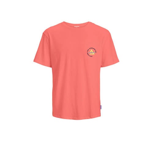 JACK & JONES JUNIOR T-shirt JCOFAST met printopdruk koraal Oranje Jongens Katoen Ronde hals