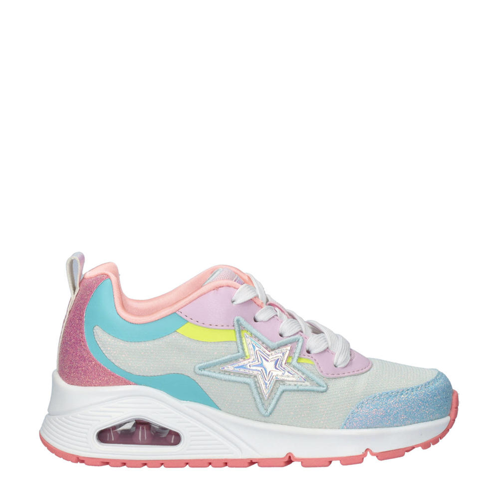 Lichtblauw en multikleurige meisjes Skechers Uno Starry Vibe sneakers van imitatieleer met veters