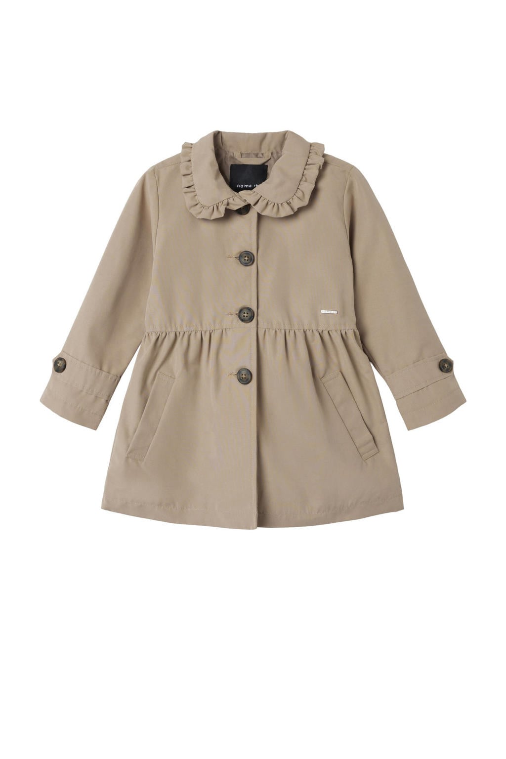 Bruine meisjes NAME IT MINI coat zomer van polyester met effen, lange mouwen, klassieke kraag en ruches