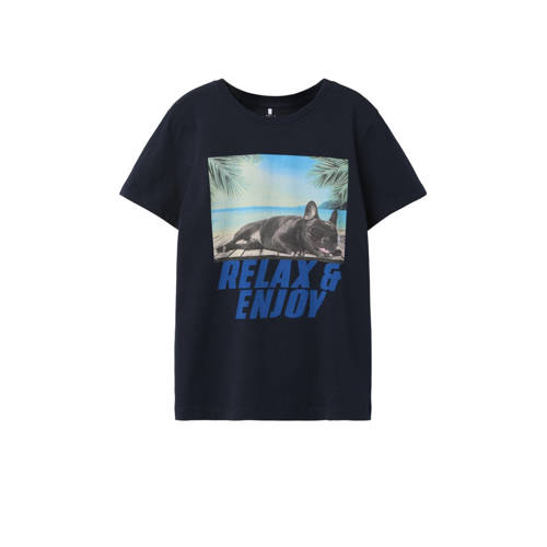 NAME IT KIDS T-shirt NKMVOTO met printopdruk donkerblauw relax Jongens Katoen Ronde hals