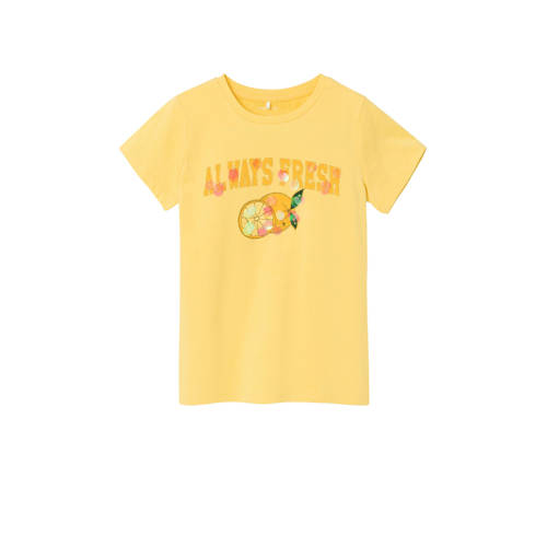 NAME IT KIDS T-shirt NKFDATRUNTE met printopdruk geel Meisjes Biologisch katoen Ronde hals