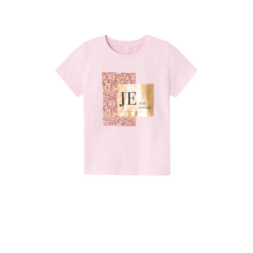 NAME IT KIDS T-shirt NKFDISMILLA met printopdruk lichtroze/goud Meisjes Biologisch katoen Ronde hals