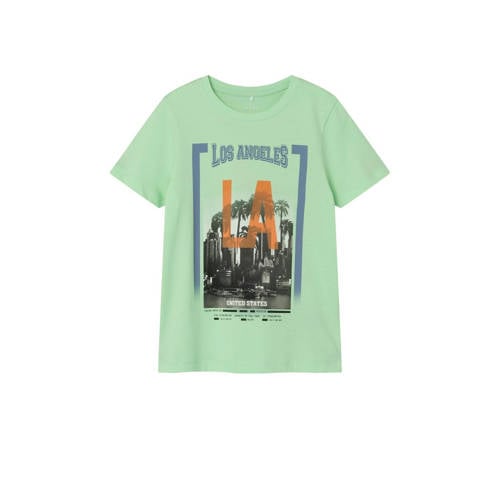 NAME IT KIDS T-shirt NKMVOTO met printopdruk lichtgroen Jongens Katoen Ronde hals - 116