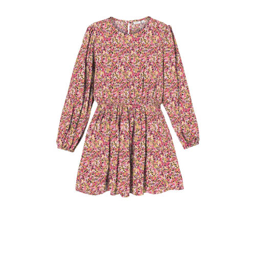 NAME IT KIDS jurk NKFDERMI met bloemenprint fuchsia/multicolor Roze Meisjes Viscose Ronde hals