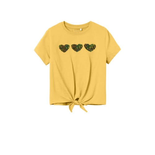 NAME IT KIDS T-shirt NKFDOSTAR met printopdruk en pailletten geel Meisjes Katoen Ronde hals