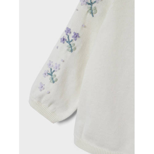 name it MINI gebloemd fijngebreid vest NMFDERINNA wit lila Meisjes Biologisch katoen Ronde hals 80