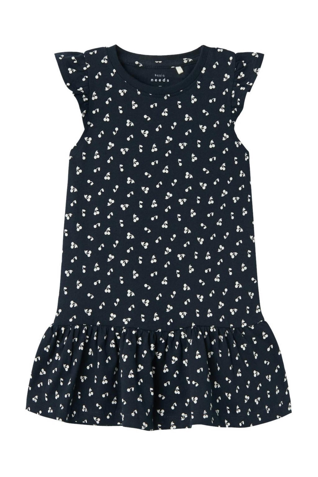 NAME IT MINI A-lijn jurk NMFVIDA met all over print en ruches donkerblauw/wit