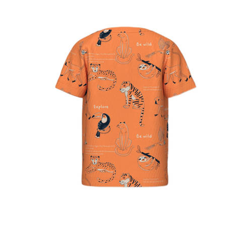 Name it MINI T-shirt NMMDENNIS met all over print oranje zwart Jongens Biologisch katoen Ronde hals 122 128