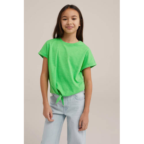 WE Fashion T-shirt greenery Groen Meisjes Katoen Ronde hals Effen 146 152