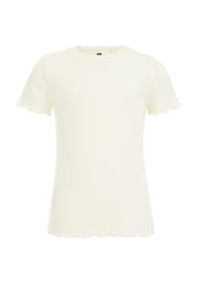 thumbnail: Ecru meisjes WE Fashion ribgebreid T-shirt van katoen met effen, korte mouwen en ronde hals