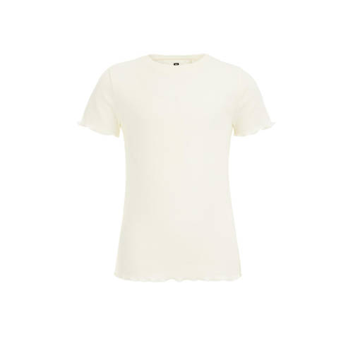 WE Fashion ribgebreid T-shirt offwhite Ecru Meisjes Katoen Ronde hals Effen - 110/116