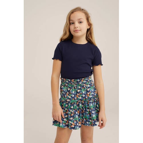 WE Fashion ribgebreid T-shirt blue nights Blauw Meisjes Katoen Ronde hals 98 104