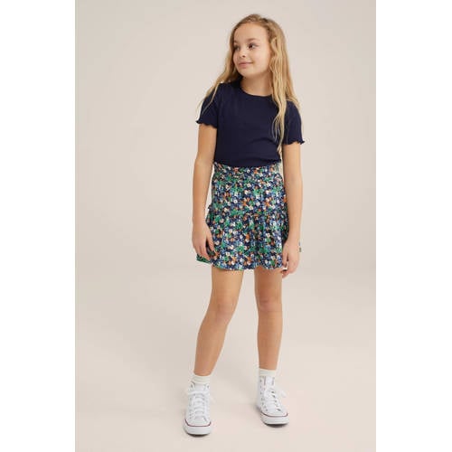 WE Fashion ribgebreid T-shirt blue nights Blauw Meisjes Katoen Ronde hals 98 104