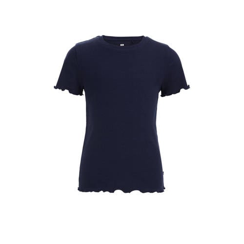 WE Fashion ribgebreid T-shirt blue nights Blauw Meisjes Katoen Ronde hals - 110/116