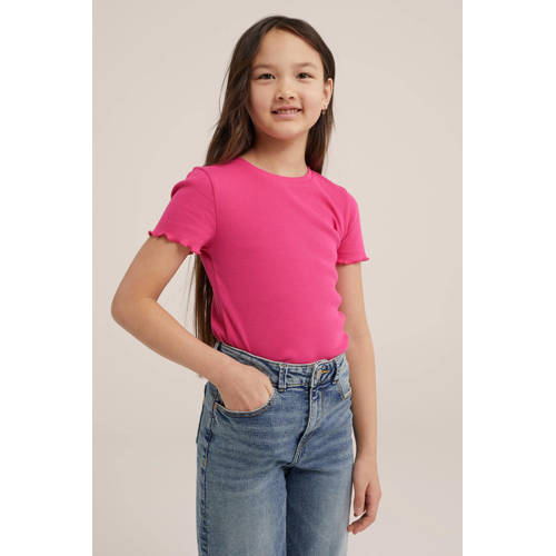WE Fashion ribgebreid T-shirt intense pink Roze Meisjes Katoen Ronde hals 98 104