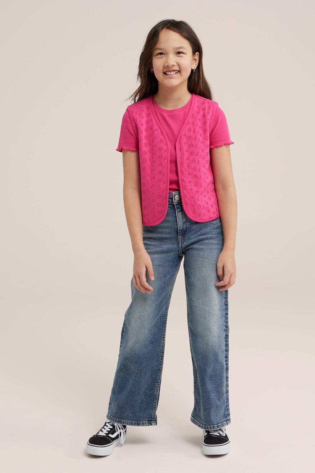 Roze meisjes WE Fashion ribgebreid T-shirt van katoen met effen, korte mouwen en ronde hals